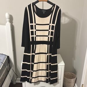 Liz Claiborne Black and Cream Grid-Pattern Long Sleeve Fit & Flare Dress